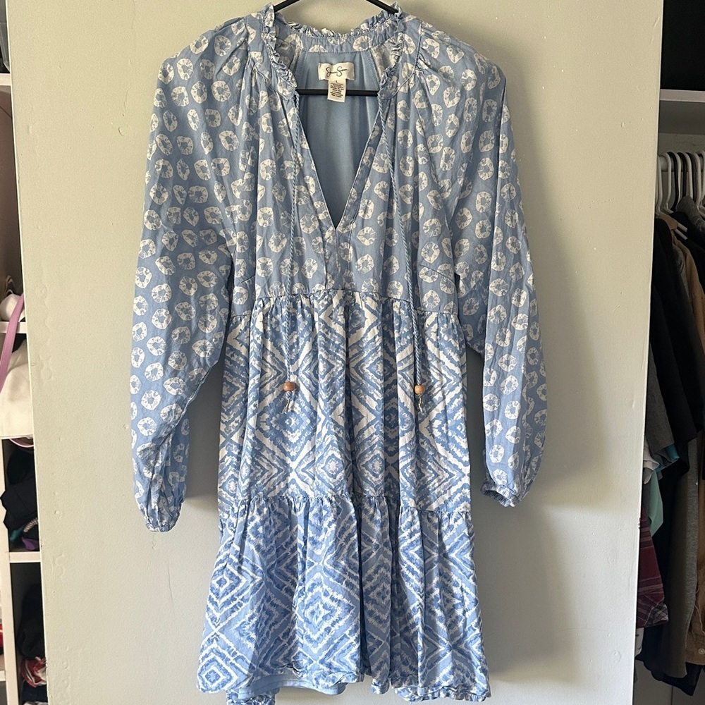 Jessica Simpson Light Blue and White Dress size L mini long sleeve 100% cotton